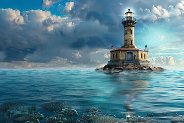 Illustrate a serene maritime scene with a twist Showcase a lighthouse from an unexpected underwater view, blending tranquility with intrigue Use a digital CG technique for a surreal touch