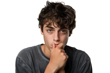 Close up portrait of young man holding his nose as if smelling something on isolated transparent background