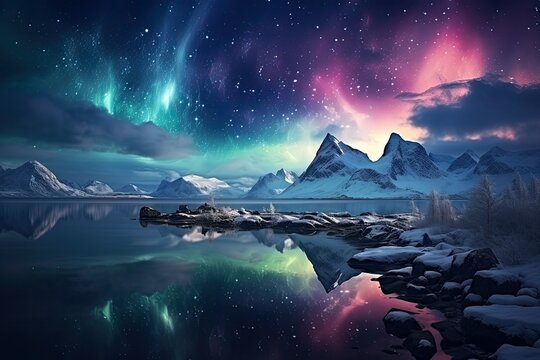 Majestic reflection of the mountains under the colorful night sky. Northern lights. Aurora.