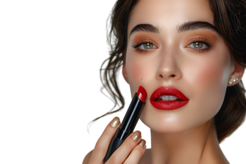 Close-up portrait of elegant woman with red lips holding lipstick on isolated transparent background