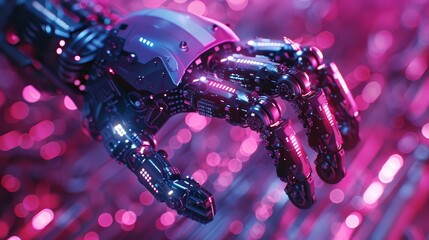 A closeup of a robotic hand with a glowing pink light on the palm. The hand is surrounded by a dark background with a glowing pink light in the background.