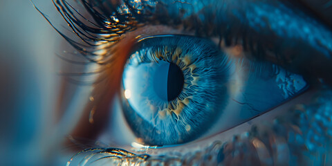 blue lighting with light ring and womens eye.
