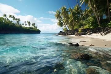 Marshall islands landscape. Tranquil Tropical Beach Paradise with Clear Blue Waters and Lush Greenery.
