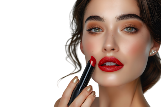 Close-up portrait of elegant woman with red lips holding lipstick on isolated transparent background