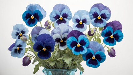 Blue and purple violet viola pansy flowers bouquet arrangement in a glass vase