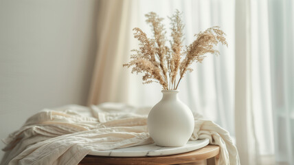 A serene still life composition showcasing a white vase with dried grasses placed on a ledge, capturing the interplay of soft light and delicate shadows on a clean, white background.