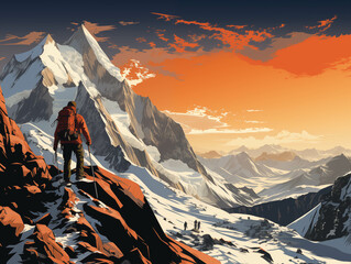 skiers on a mountain top with a sunset in the background