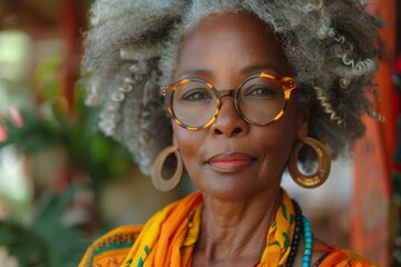 Elder woman in colorful attire and elegant glasses, representing wisdom and cultural richness