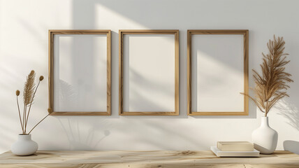 Sleek and modern frame mockup in a living room setting: three elegant wooden frames on a white wall, 3D render, versatile for various decor styles