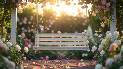 Vintage garden setting with a white wooden swing, surrounded by roses and peonies, soft sunset background, ideal for a romantic wallpaper design