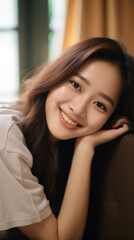 Young Asian woman with happiness, portrait capturing joy of dedicated business employee. Confident young Asian woman for portrait, beautiful face radiating with poise of confident and graceful lady.
