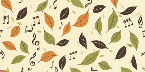 a close up of a pattern of leaves and music notes