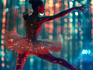 A ballerina in a pink tutu is dancing on a stage with a colorful background