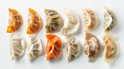 Artistic Dumpling Arrangement, A creative and artistic arrangement of traditional Chinese dumplings, designed to highlight the diversity of shapes and sizes, presented on a white background