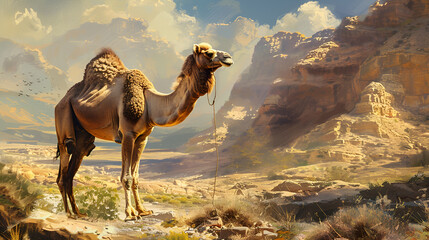 Camel in the desert at sunset 3d rendering Computer digital drawing.
