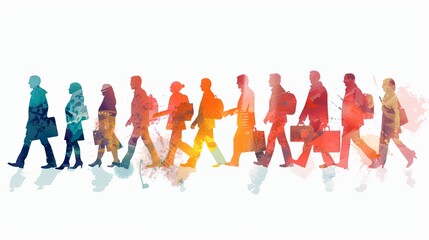 Diverse group of people walking in colorful abstract style useful for themes of diversity and inclusion in business