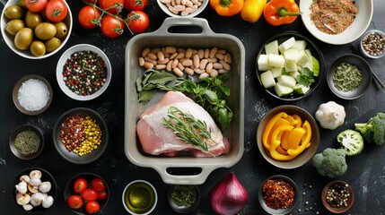 Fresh Cooking Ensemble, Top view portrait showcasing raw chicken breast, assorted cut vegetables in separate bowls