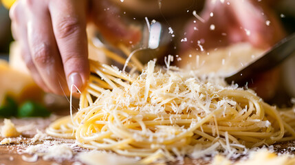 Closeup of process of making cooking homemade pasta Chef make fresh traditional pasta.

