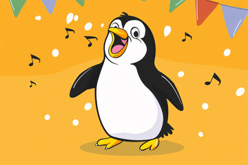 Obraz premium Happy cartoon penguin singing with music notes and festive background in orange