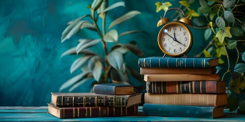 Stacked Books and Vintage Clock on Wooden Desk Conceptualizing Time Management and Productivity