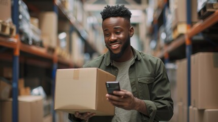 Man Inspects Package in Warehouse - Powered by Adobe