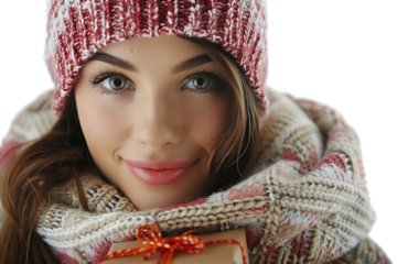 Happy young woman with Christmas gift on isolated transparent background