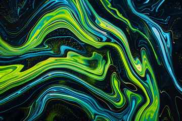 Vibrant neon green and blue swirling abstract art on black background.