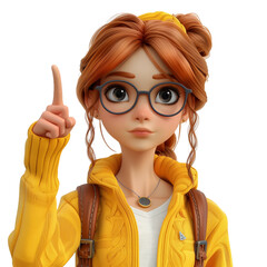  3d cartoon woman student posing with pointing forefinger up direction realistic vector