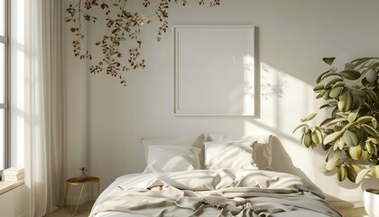 white frame mockup in a clean minimalist bedroom interior