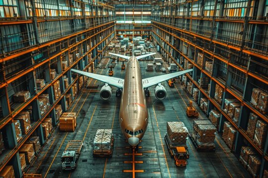 Atmospheric view inside a busy airport hangar with an airplane surrounded by freight and logistics activity