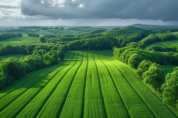 Fototapeta premium Dramatic contrast of sunny green fields set against an approaching storm, highlighting nature's force and beauty