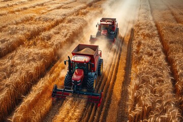 Majestic aerial view of two modern combines in action, harvesting ripe golden wheat on a sunny day, with dust trailing behind showcasing agricultural prowess