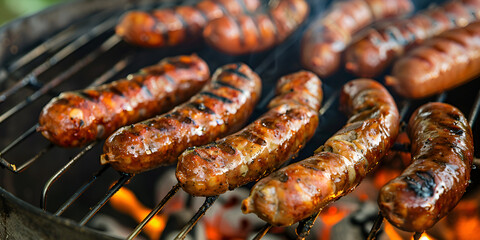 sizzling sausages on a grill top, fat dripping Sizzling grill with sausage, merguez, chicken, pork, lamb, and spicy meats for a summer party.
