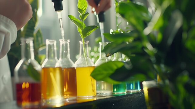 Scientists Conducting Botanical Research with Test Tubes and Green Plants in Laboratory  
