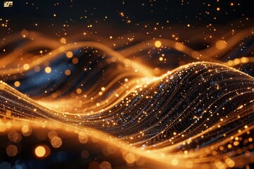 Obraz premium Glowing shimmering gold particles swirling in a mysterious black void, repeating in high-definition 4k resolution.