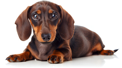 a brown puppy is captured in this photo, peacefully lying on a clean white background. the image is presented in a unique style, with light red and light navy colors creating a visually appealing.