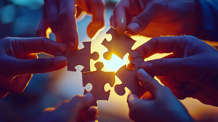 Several hands holding puzzle pieces. Diverse team are try to solving jigsaw puzzle together. Teamwork, strategy, success concept.