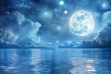 The moonlit sky filled with stars and wispy clouds casts a romantic glow over the shimmering blue ocean.