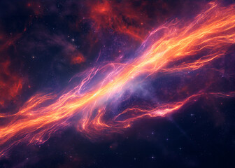 Fototapeta premium A long, orange, glowing line of fire in space. The fire is surrounded by a blue-violet sky. Milky Way in space, comet.