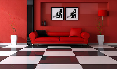 Red living room with a red sofa and a red table 3d.