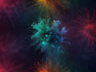Colorful vibrant glittering fireworks Background with glow smoke and confetti banner ai generative