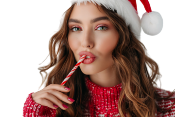 Portrait of cute woman biting christmas candy wearing santa hat. on isolated transparent background