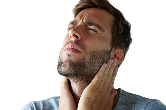 Man with painful expression rubs his neck on isolated transparent background