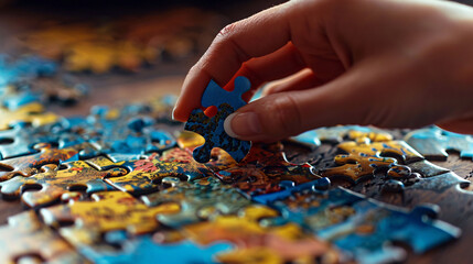 Close up of hands holding puzzle pieces. Hands putting together a puzzle. Strategy, connection, diverse, concept.