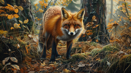 Obraz premium A realistic painting of a fox in its natural habitat, surrounded by lush green trees in a forest setting