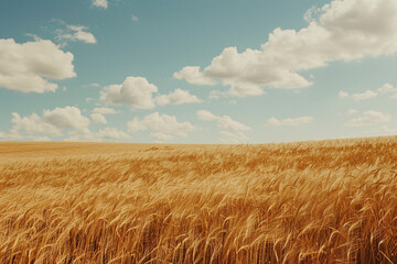 Obraz premium Golden wheat field illuminated by warm sunlight under a clear blue sky with fluffy clouds