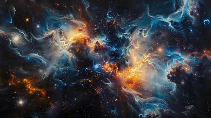 Naklejka premium An abstract tapestry woven with celestial elements, nebulae, supernovas, and cosmic in a mesmerizing blend of light and dark