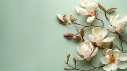 Elegant Magnolia Branches on Soft Green Background