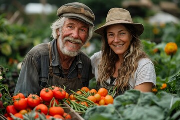 Obraz premium A smiling man and woman take a break from their work to present their robust tomato harvest, exemplifying hard work