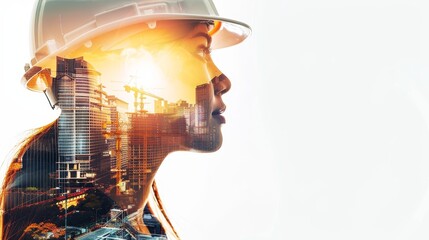 Double exposure of construction worker and cityscape, a female